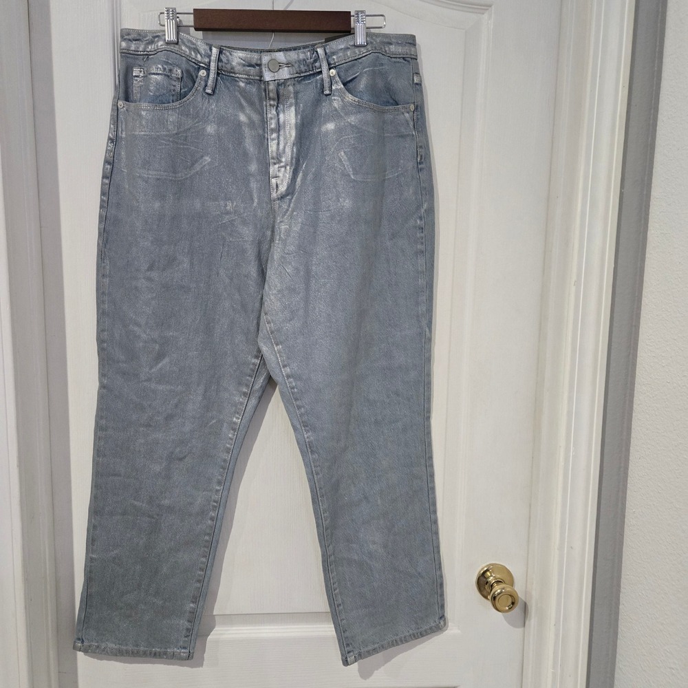 Mossimo High Rise Mom Jeans Women 16/33R Silver Metallic Blue Stretch NWT